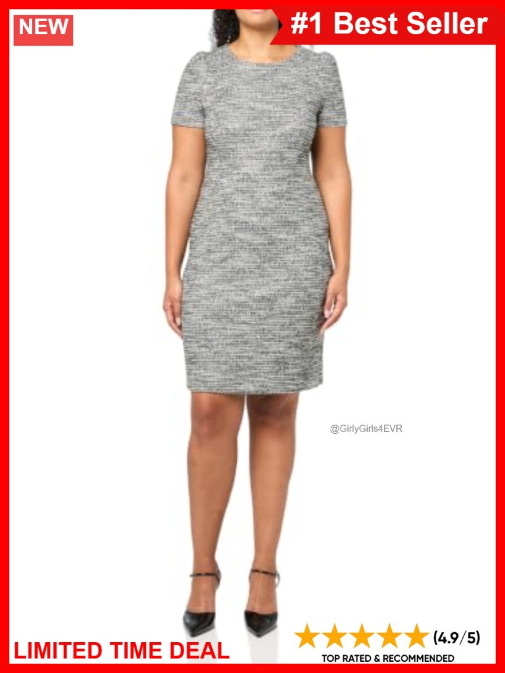 Tweed Short Sleeve Sheath Dress Knee-Length Business Casual